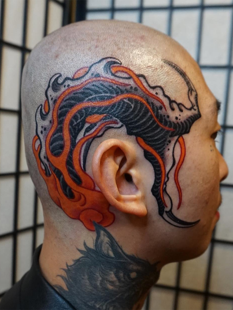 dragon claw flame color head tattoo