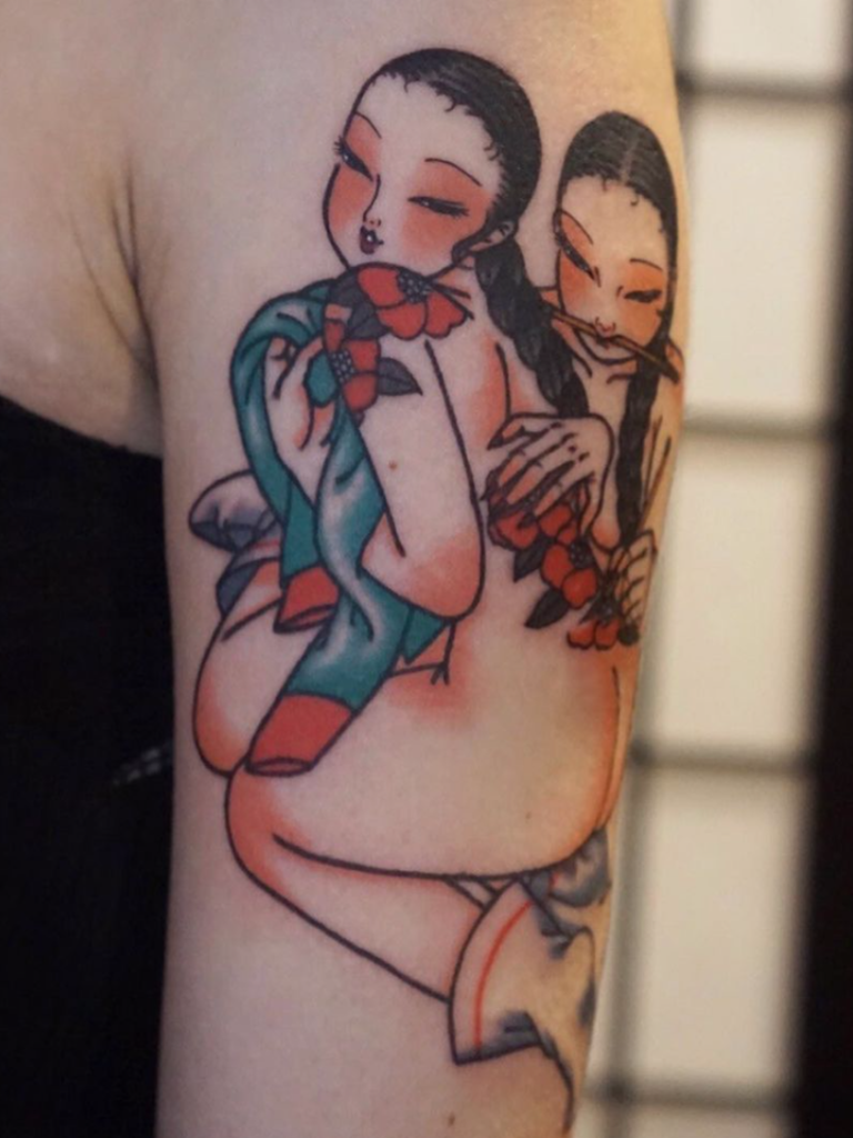 korean flower tattooed lady pinup